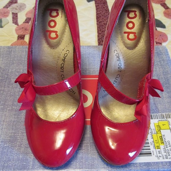 Pop Red Patent Heels Mary Jane Pumps w Bow - Picture 2 of 15